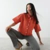 Gina Tricot Short Sleeve Denim Shirt Red Orange